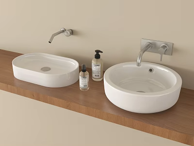 Oval And Round White Washbasins On Wooden Countertop With Wall Mounted Faucets And Soap Dispensers 3d model