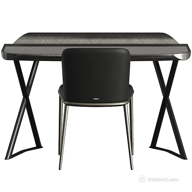 Modern Office Desk With Black Metal X Shaped Legs And Matching Chair 3d model 
