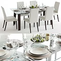 Glass Top Dining Table Set With Upholstered White Chairs And Elegant Tableware 3d model