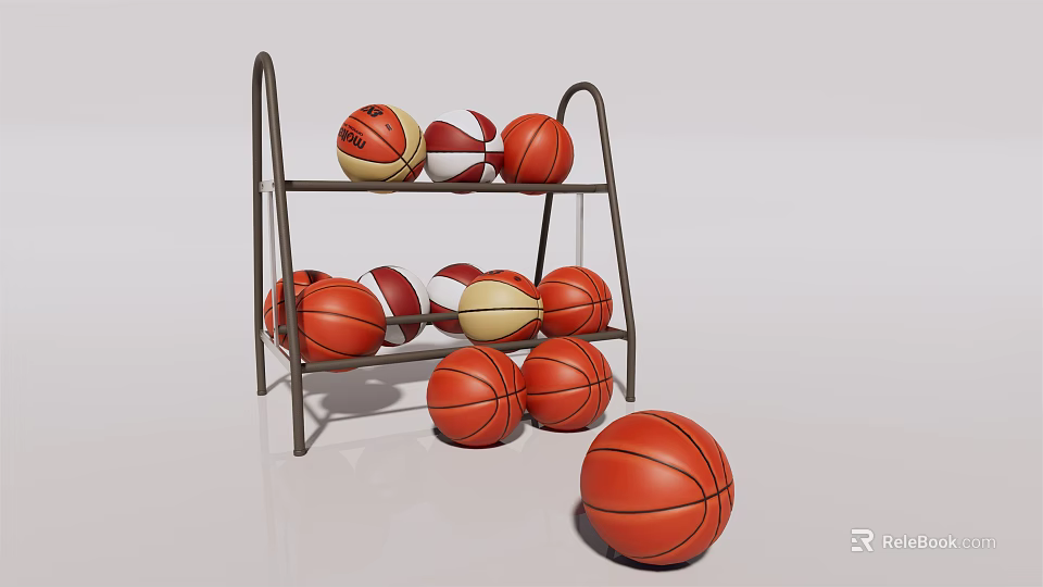 Sports Equipment Storage Rack with Multiple Basketballs Organized on Shelves and Floor 3d model 