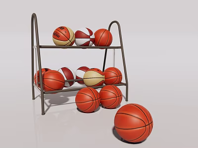 Sports Equipment Storage Rack with Multiple Basketballs Organized on Shelves and Floor 3d model