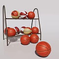 Sports Equipment Storage Rack with Multiple Basketballs Organized on Shelves and Floor