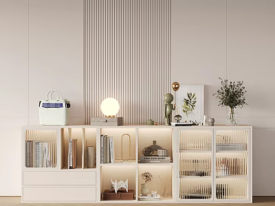 Modern White Lighted Decorative Cabinet with Glass Doors Books Decor Items and Vertical Striped Wall 3d model