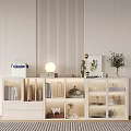 Modern White Lighted Decorative Cabinet with Glass Doors Books Decor Items and Vertical Striped Wall