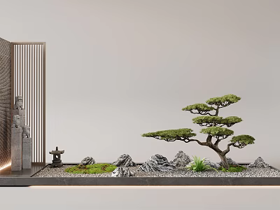 Zen Style Indoor Landscape With Bonsai Pine Tree Stone Screen Statue Lantern Rocks And Moss 3d model