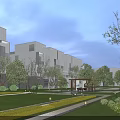 Modern Multi Story Residential Building With Gray Exterior Lawn Trees Pathways And Street Lamps