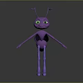 Purple Cartoon Ant Character With Green Eyes Long Antennae And Slender Limbs