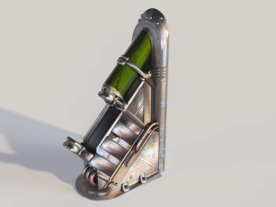 Metallic Industrial Equipment With Green Cylindrical Component And Mechanical Support Structure 3d model