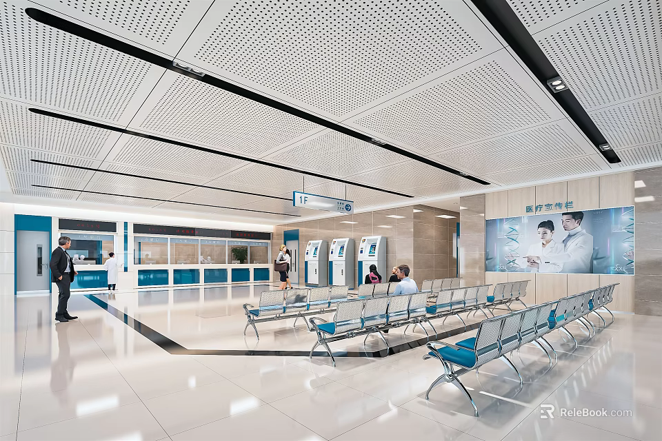 Hospital Outpatient Clinic Spacious Waiting Area Interior With Comfortable Seats Reception Desk And Signage 3d model 