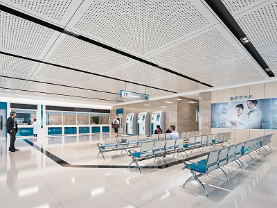 Hospital Outpatient Clinic Spacious Waiting Area Interior With Comfortable Seats Reception Desk And Signage 3d model