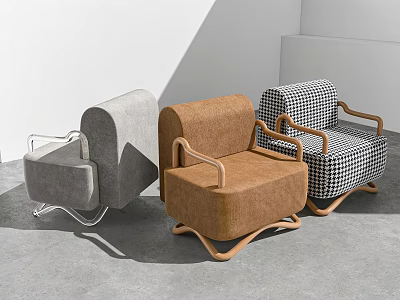 Modern Single Sofa Collection With Gray Brown And Checkered Fabric And Wooden Arms 3d model