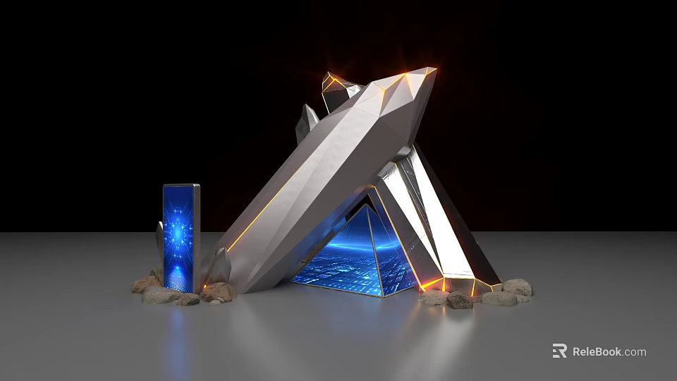 Modern Geometric Photo Check In Spot With Silver Metallic Illuminated Edges And Blue Light Effects 3d model 