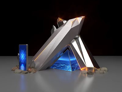 Modern Geometric Photo Check In Spot With Silver Metallic Illuminated Edges And Blue Light Effects 3d model