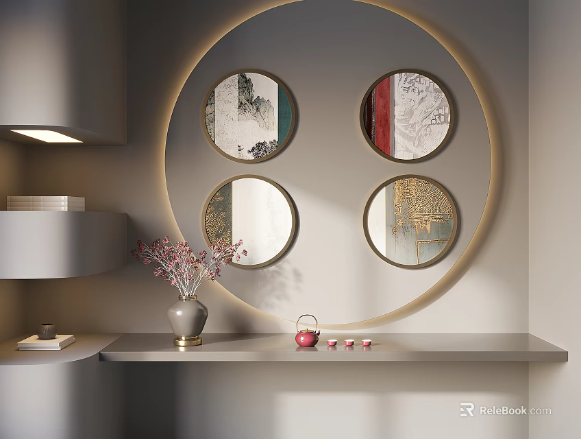 Modern Circular Framed Paintings With Four Traditional Artworks Silver Vase Pink Flowers On Shelf 3d model 