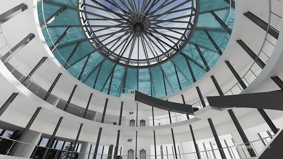 Multi Level Interior Hall Featuring Blue Glass Dome And White Columns 3d model 