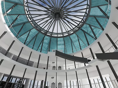Multi Level Interior Hall Featuring Blue Glass Dome And White Columns 3d model