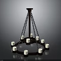Wooden Chandelier With Candle Shaped Lights And Chain Suspension Design