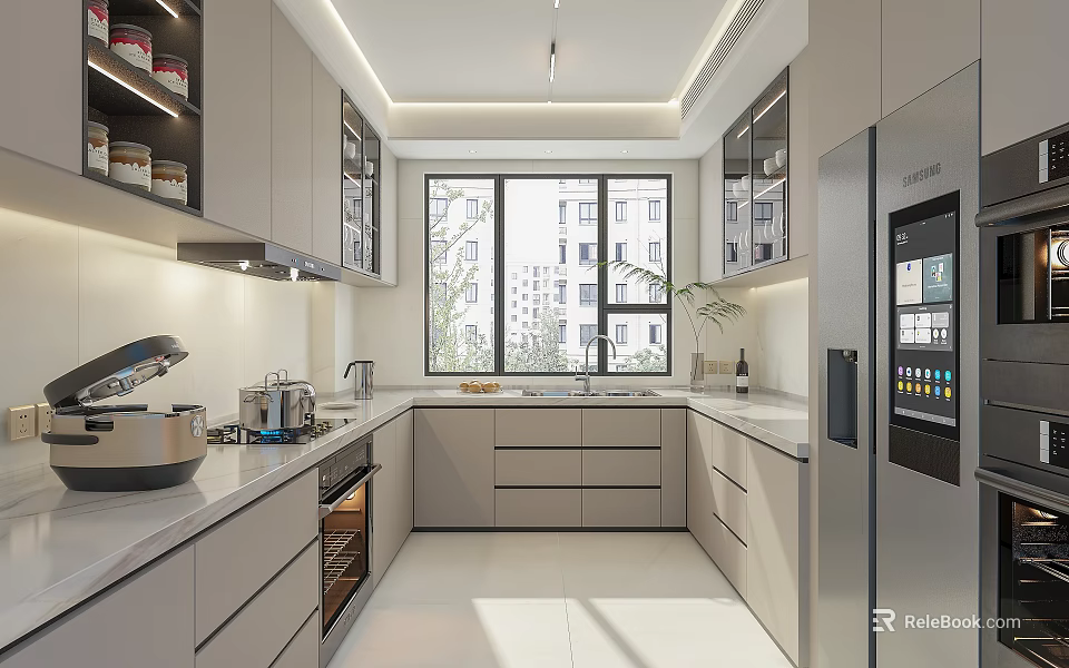 Bright Modern Kitchen Interior Design With Cabinets Appliances Window Lighting And Countertop 3d model 