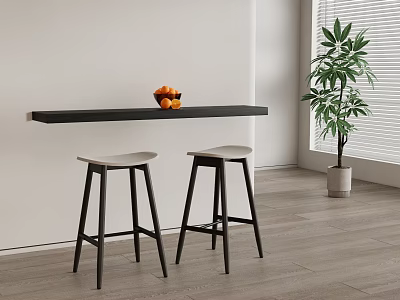 Modern Bar Stools With Black Counter White Wall Green Plant And Light Wooden Floor 3d model