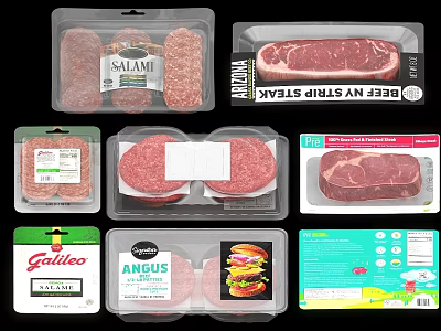 Packaged Meat Products Including Salami Beef Steak Burger Patties And Angus Beef In Plastic Trays 3d model