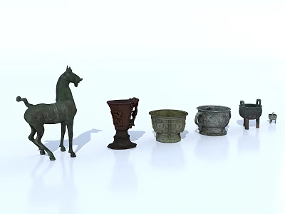 Ancient Bronze Artifacts Collection With Horse Statue And Various Containers 3d model
