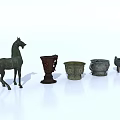 Ancient Bronze Artifacts Collection With Horse Statue And Various Containers