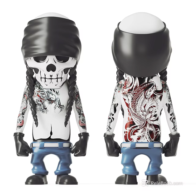 Ornamental Skull Figurine Set with Intricate Tattoo Art Headscarf and Blue Pants 3d model 