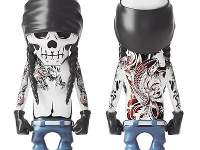 Ornamental Skull Figurine Set with Intricate Tattoo Art Headscarf and Blue Pants 3d model