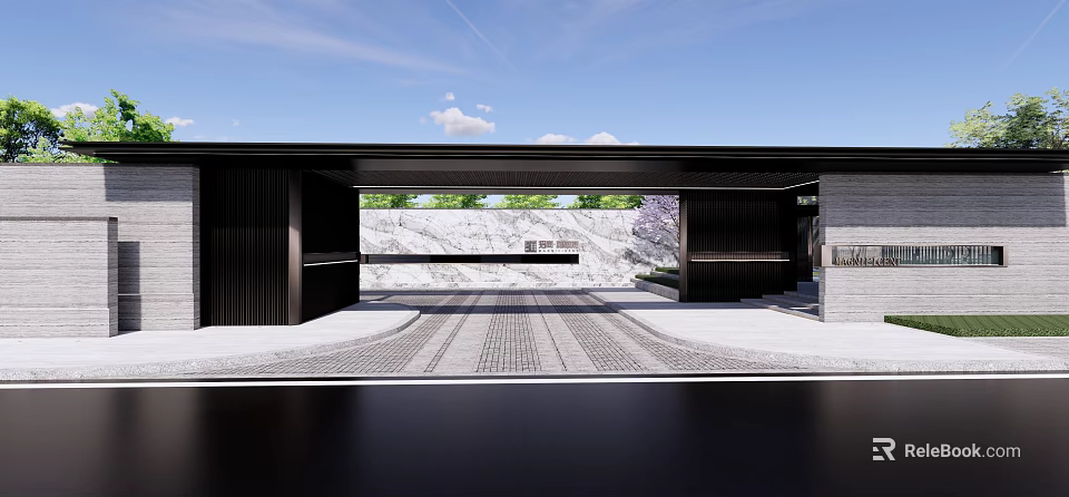 Modern Building Exterior Wall With Black Facade Open Entrance Steps And Paved Ground 3d model 