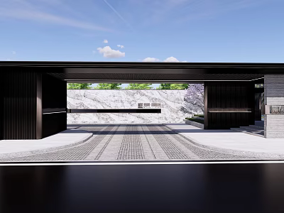 Modern Building Exterior Wall With Black Facade Open Entrance Steps And Paved Ground 3d model