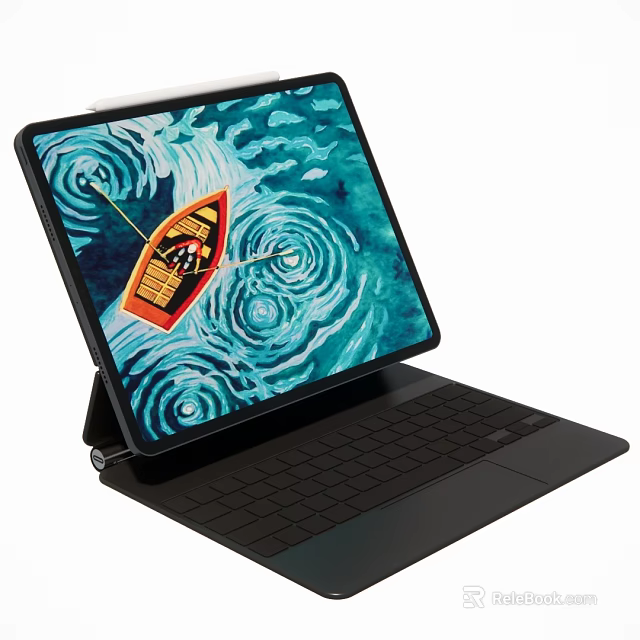 Modern Tablet With Keyboard Displaying Boat On Wave Pattern Screen 3d model 