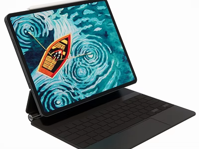 Modern Tablet With Keyboard Displaying Boat On Wave Pattern Screen 3d model