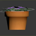 Cartoon Potted Plant With Green Leaves And Purple Flowers In Orange Pot