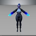 Futuristic Sci Fi Humanoid Creature With Blue Hair Glowing Blue Hands And Tight Dark Outfit