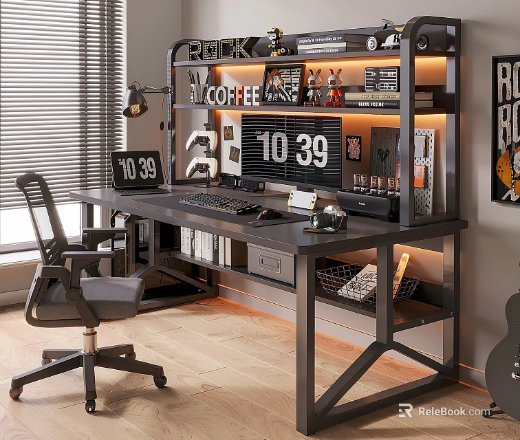 Modern Home Office Desk And Chair Set With Bookshelf Digital Clock And Coffee Decor 3d model 
