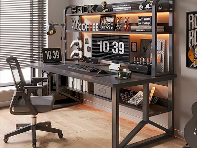 Modern Home Office Desk And Chair Set With Bookshelf Digital Clock And Coffee Decor 3d model
