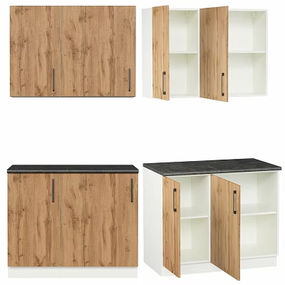 Modern Wooden Kitchen Cabinets With Open Shelves And Black Countertop Design 3d model
