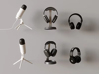 Headphones Speakers and Microphones in Modern Design with Various Stand Styles 3d model