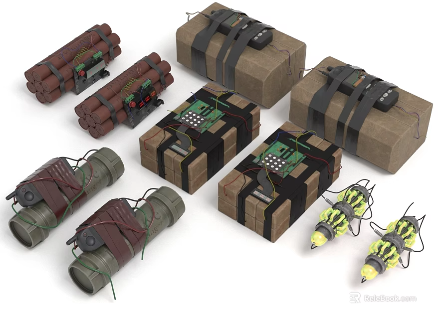 Military Weapon Collection Including Explosive Packages Hand Grenades And Artillery Shells With Straps And Fuses 3d model 