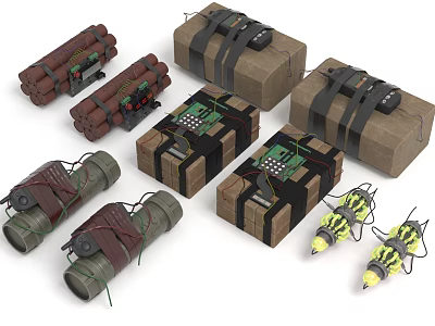 Military Weapon Collection Including Explosive Packages Hand Grenades And Artillery Shells With Straps And Fuses 3d model