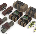 Military Weapon Collection Including Explosive Packages Hand Grenades And Artillery Shells With Straps And Fuses