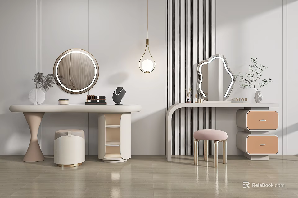 Modern Dressing Table Interior Featuring Round Mirror Geometric Mirror Pink Stool And Pendant Light 3d model 