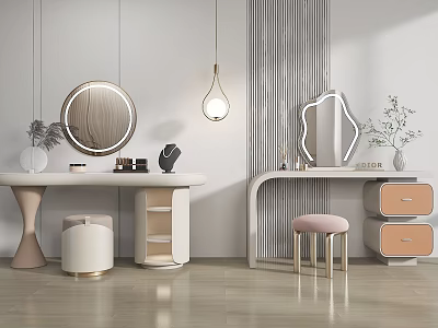 Modern Dressing Table Interior Featuring Round Mirror Geometric Mirror Pink Stool And Pendant Light 3d model