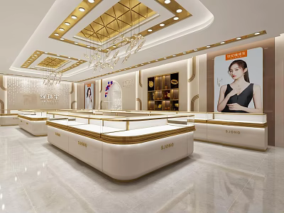 Luxurious Jewelry Store Interior Design With White Gold Showcases And Decorative Ceiling Chandeliers 3d model