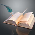 Classic Open Book With Spread Pages And Blue Green Feather Quill