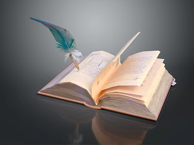 Classic Open Book With Spread Pages And Blue Green Feather Quill 3d model