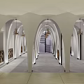 Elegant Brand Store Interior with Archways Hanging Decor Lighting and Bar Stools