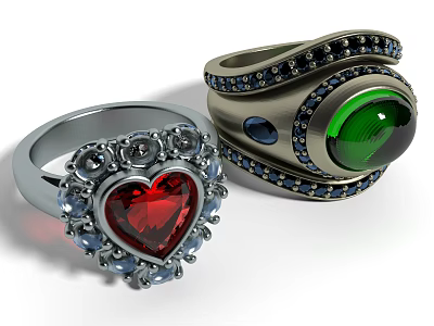 Exquisite Silver Rings With Red Heart Gemstone And Green Round Gemstone Black Blue Accents 3d model