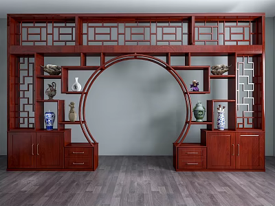 Chinese Style Wooden Bogu Shelf With Circular Arch Lattice Patterns And Decorative Vases 3d model
