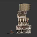 Stacked Wooden Crates With Open Containers And Round Mat